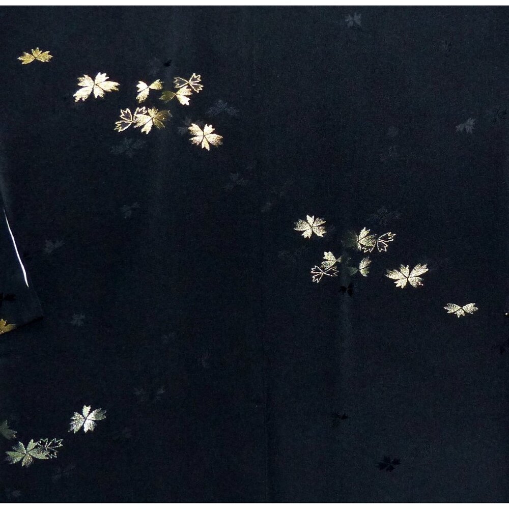 Vintage Black Silk Kimono Falling Leaves ONE SIZE Metallic Gold Silver Haori